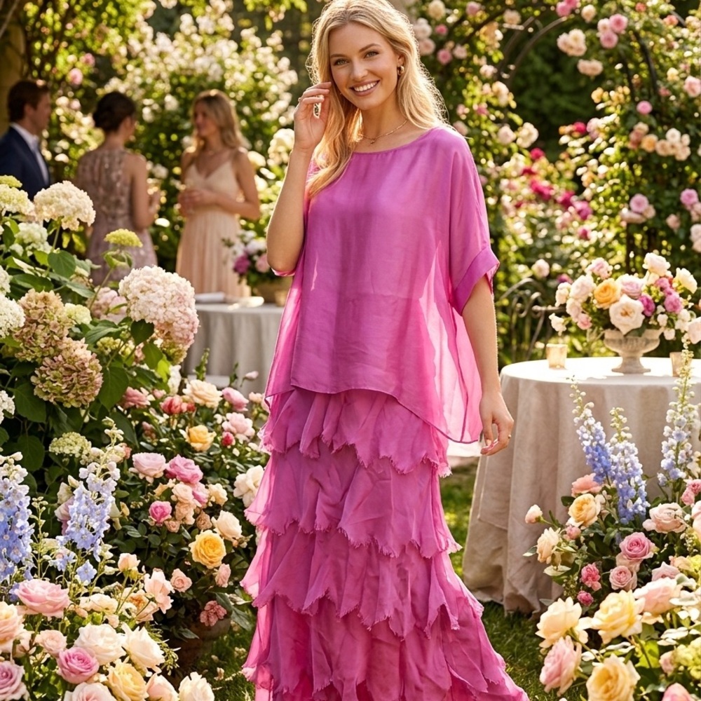 Caposhie 100% Silk Fuchsia Tiered Ruffle Maxi Dress OS